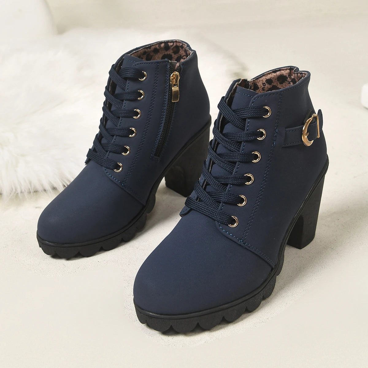 Women Lace‑Up Ankle Boots Metal Buckle Decor Side Zipper Chunky Block Heel Lug Sole Combat Short Booties Fall Winter Large Size