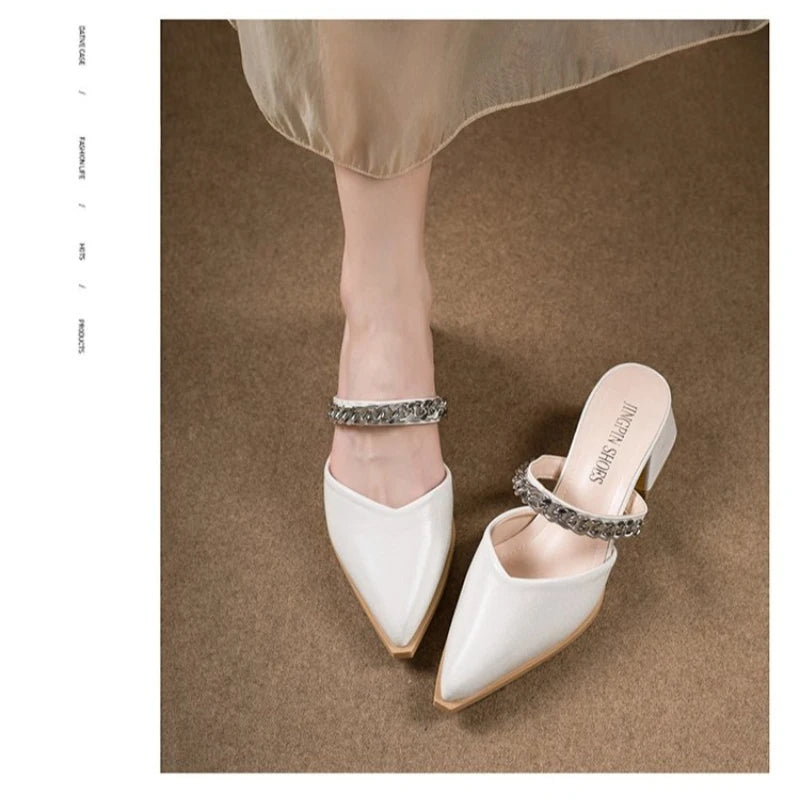 Summer New Baotou Sandals Pointed Toe Shallow Mouth Metal Chain One Slip Strap Anti-slip Outer Wear Square Heel High Heels