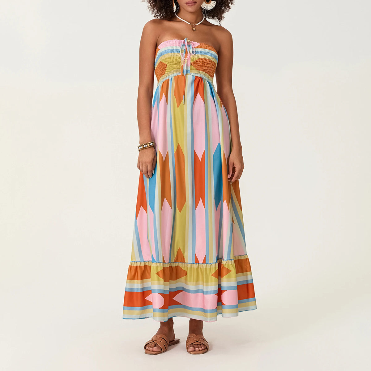 Women's Sleeveless Strapless Long Dress Bohemian Sleeveless Drawstring Loose Tube Dress Summer Holiday Beach Dress