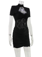 Ahagaga Sexy Patchwork Dresses For Women Short Sleeves Sheath Pleated Slim Fit Hollow Out Lace Basic Trend Streetwear Vestidos