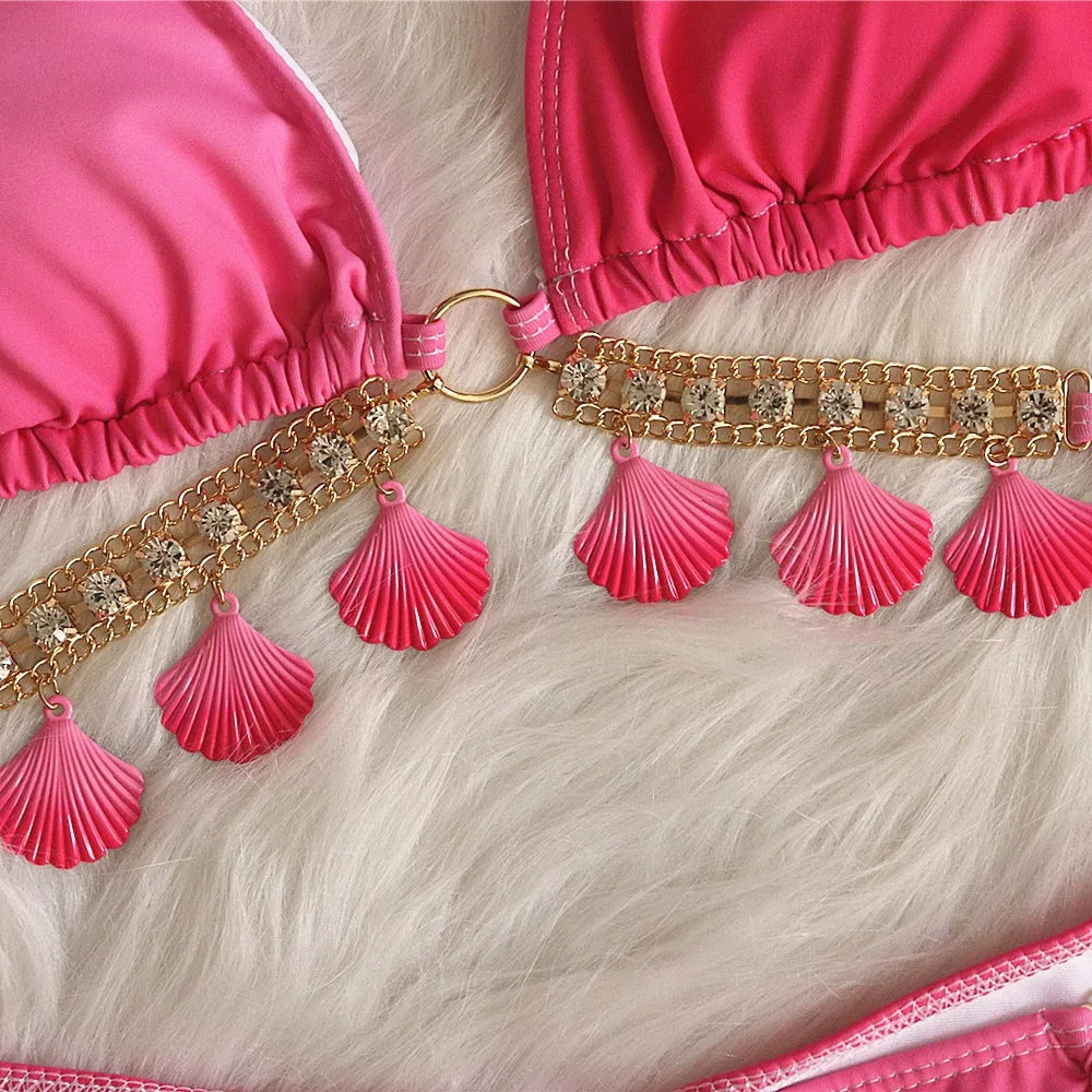 DEKA Shell Bikinis Swimsuit with Rhinestones Criss Cross Bikini Set Women Pink Push Up Bathing Suit Diamond Thong Swimwear