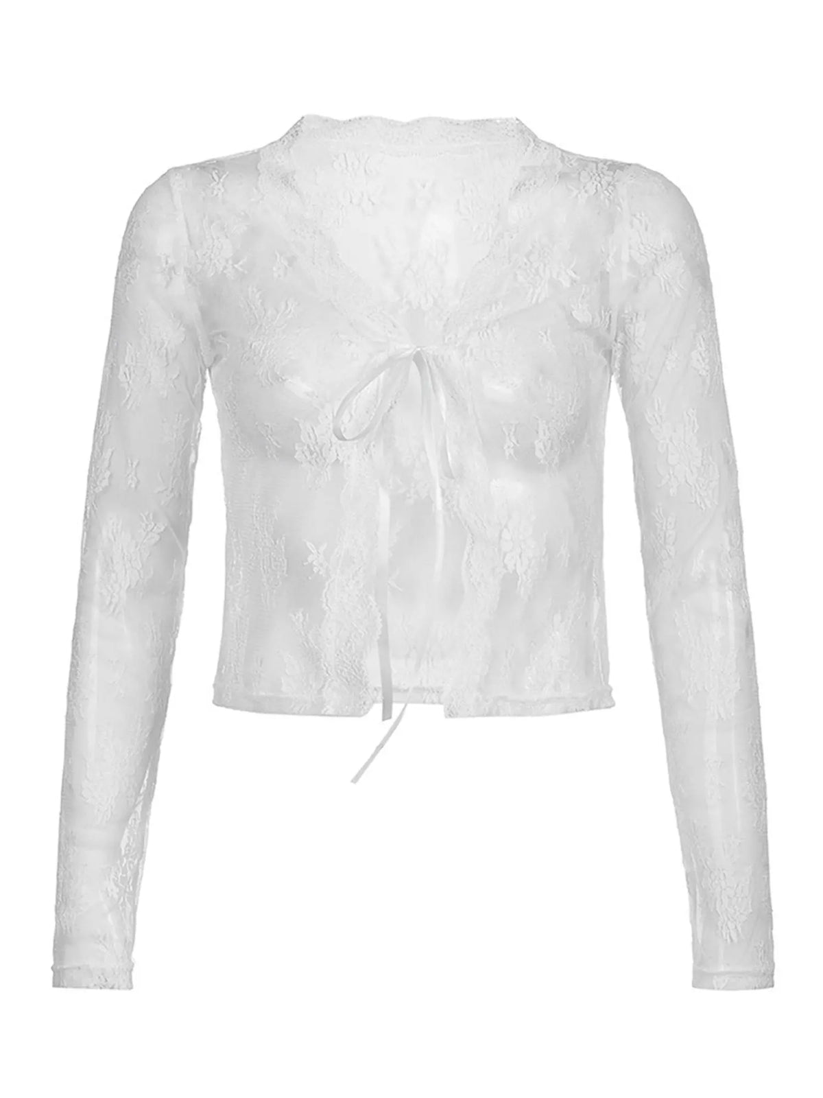 Women Floral Lace Shirts Long Sleeve Front Tie-up Smock Tops Sexy Beach Tops and Blouses Female See Through Cover-ups