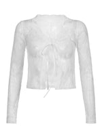 Women Floral Lace Shirts Long Sleeve Front Tie-up Smock Tops Sexy Beach Tops and Blouses Female See Through Cover-ups