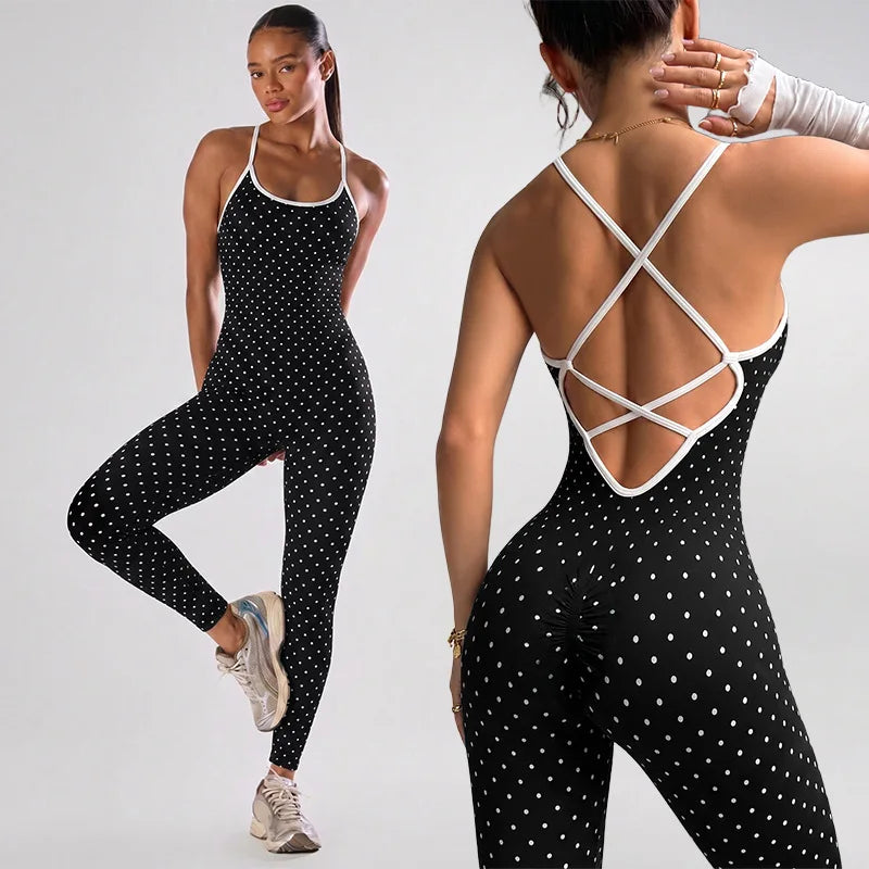 Sexy Black Polka Dot Print Patchwork Yoga Jumpsuit Women Sleeveless Hollow Out Backless Cross Fitness Sports One Piece Suits