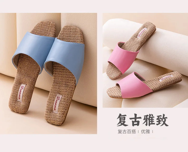 2026 New Breathable Linen Slippers For Women Men Spring Summer House Shoes Soft PU Leather Anti-slip Couples Home Floor Slides