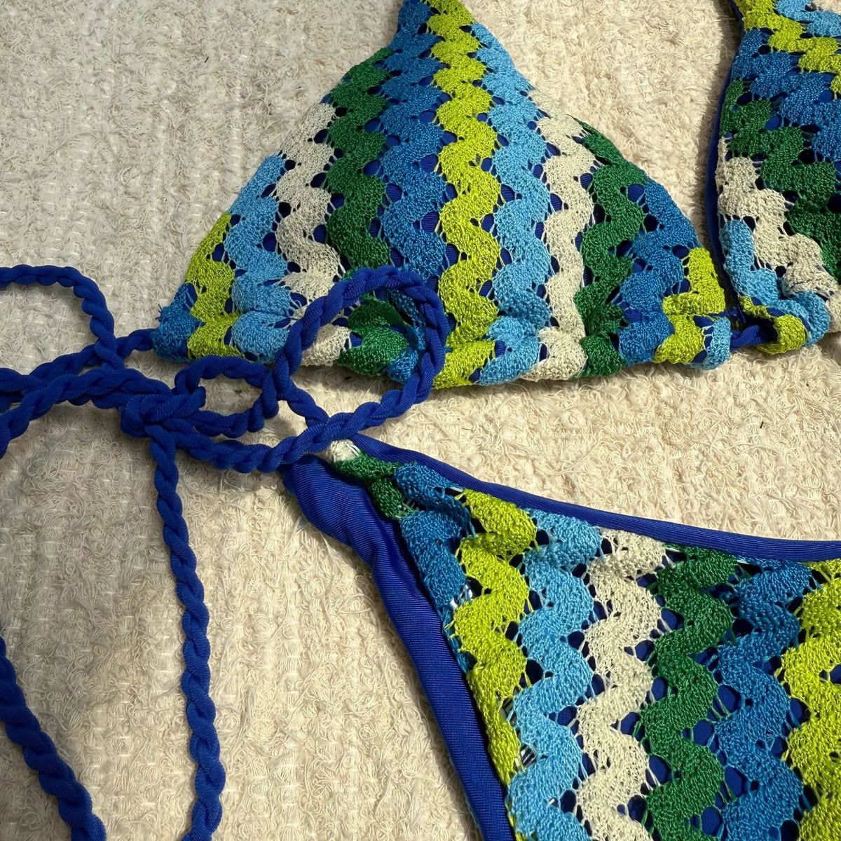Sexy Yellow Patchwork Bikini Women Knitted Wave Push Up Micro Swimsuit 2025 Brazilian Beach Bathing Suit Bandage Thong Swimwear