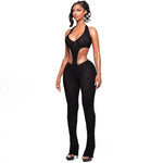Sexy hot girl solid color see-through slim fit knitted deep V jumpsuit
