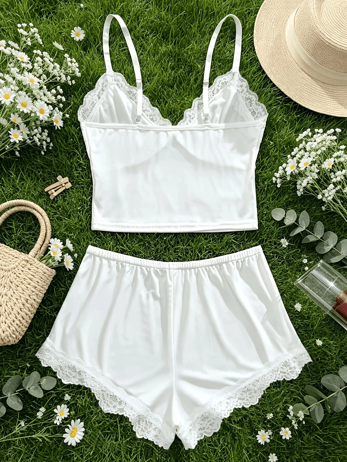 2pcs Floral Contrast Lace Pajama Set for Women Sleepwear V Neck Solid Color Bow Top & Shorts Home Clothes Loungewear