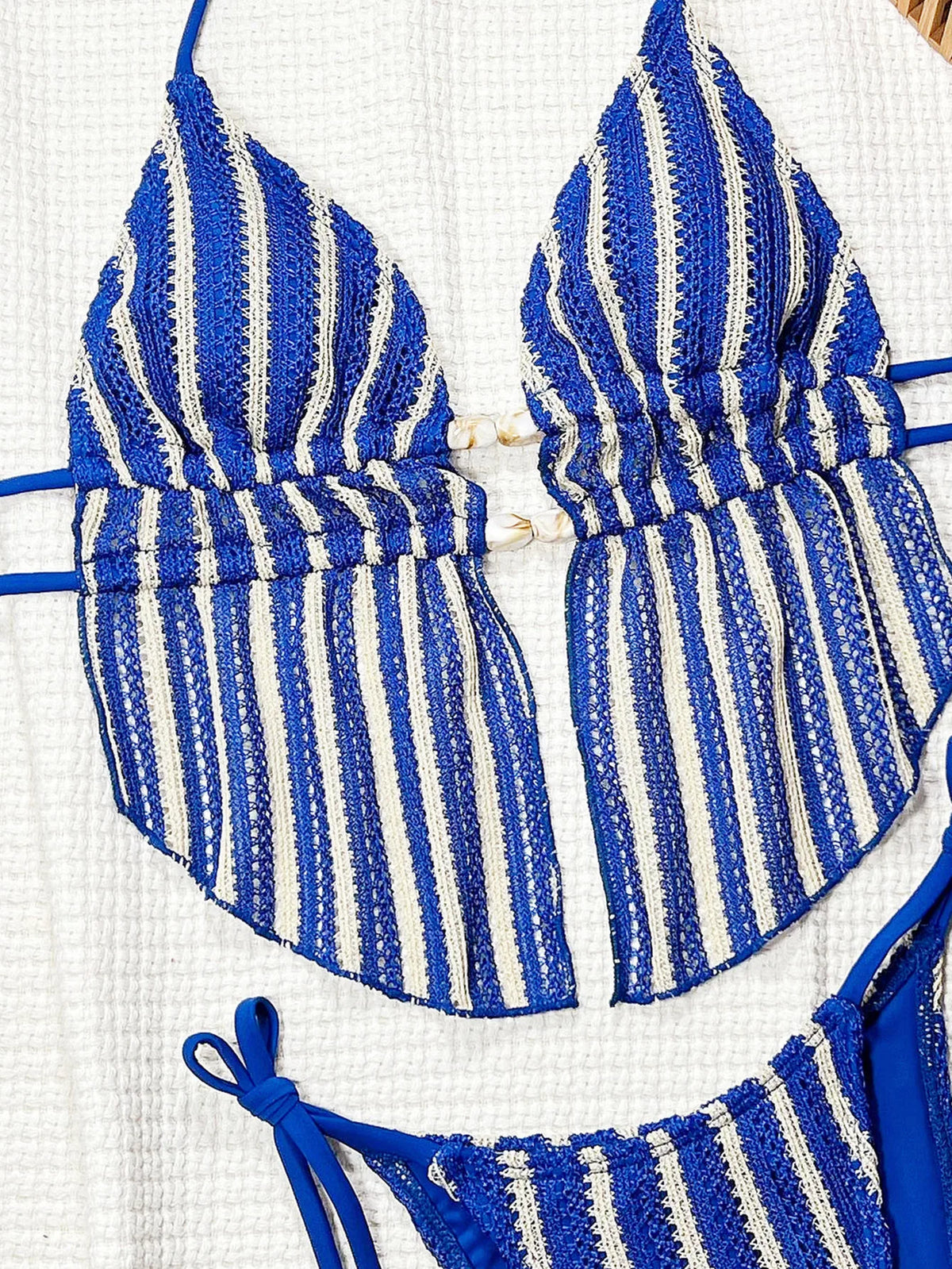 Sexy Blue Striped Bikini Set 2026 Women Hollow Out Stone Push Up Crop Top Two Piece Swimsuit Summer Bathing Suit Thong Swimwear