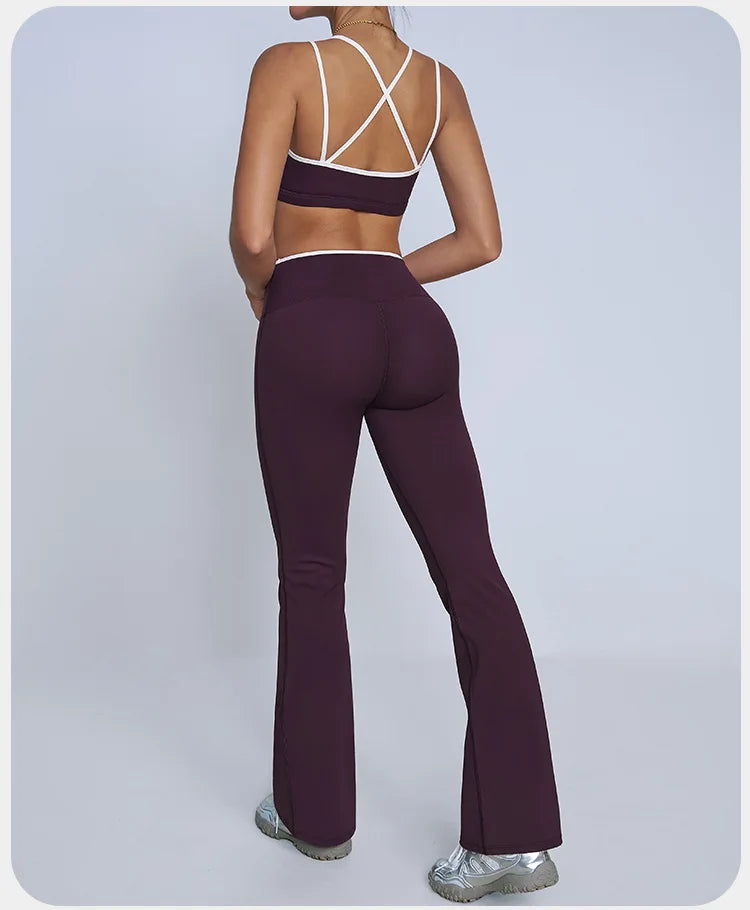 Tight Naked Yoga Shorts Suit Women Double Strap Sports Bra High Waist Flare Leggings Fitness Suit Gym Running Workout Clothes