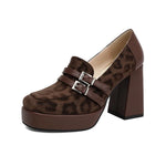 Square Toe Platform Double-Layer Buckle Shallow Sleeve Office Pumps Ultra-High Thick Heel Breathable High Heels