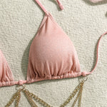 Shiny Pink String Halter Triangle 3 Piece High Waisted Bikini Set Swimwear Skirt Cover Up Rhinestone Chaining Swimsuit Beachwear