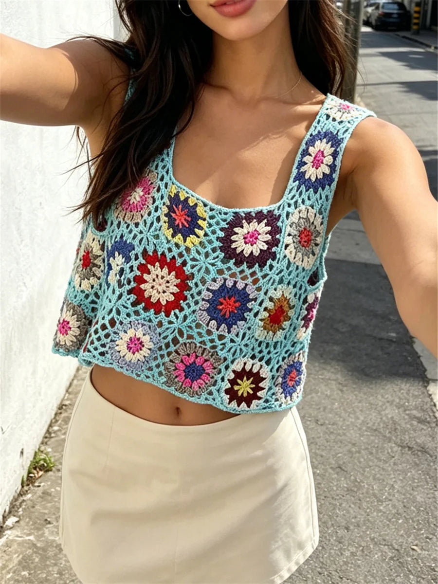 Summer Women Flower Crochet Vest Sleeveless Cover-ups Hollow Out Knit Crop Tops Bohemian Casual Daily Beach Tank Tops