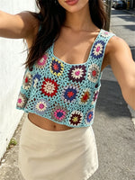 Summer Women Flower Crochet Vest Sleeveless Cover-ups Hollow Out Knit Crop Tops Bohemian Casual Daily Beach Tank Tops