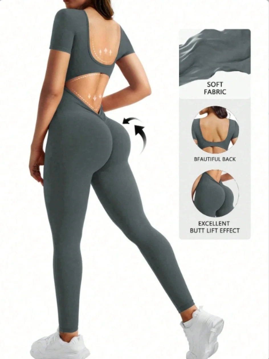 One piece seamless spandex U-neck short sleeved bodysuit with hip lifting, gym clothing, women's fitness jumpsuit