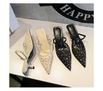 BIGTREE Crystal Mesh Fabric Pointed Toe Slippers Women Sexy Elegant Buckle Strap Party Prom Thin Low Heels Mule Shoes