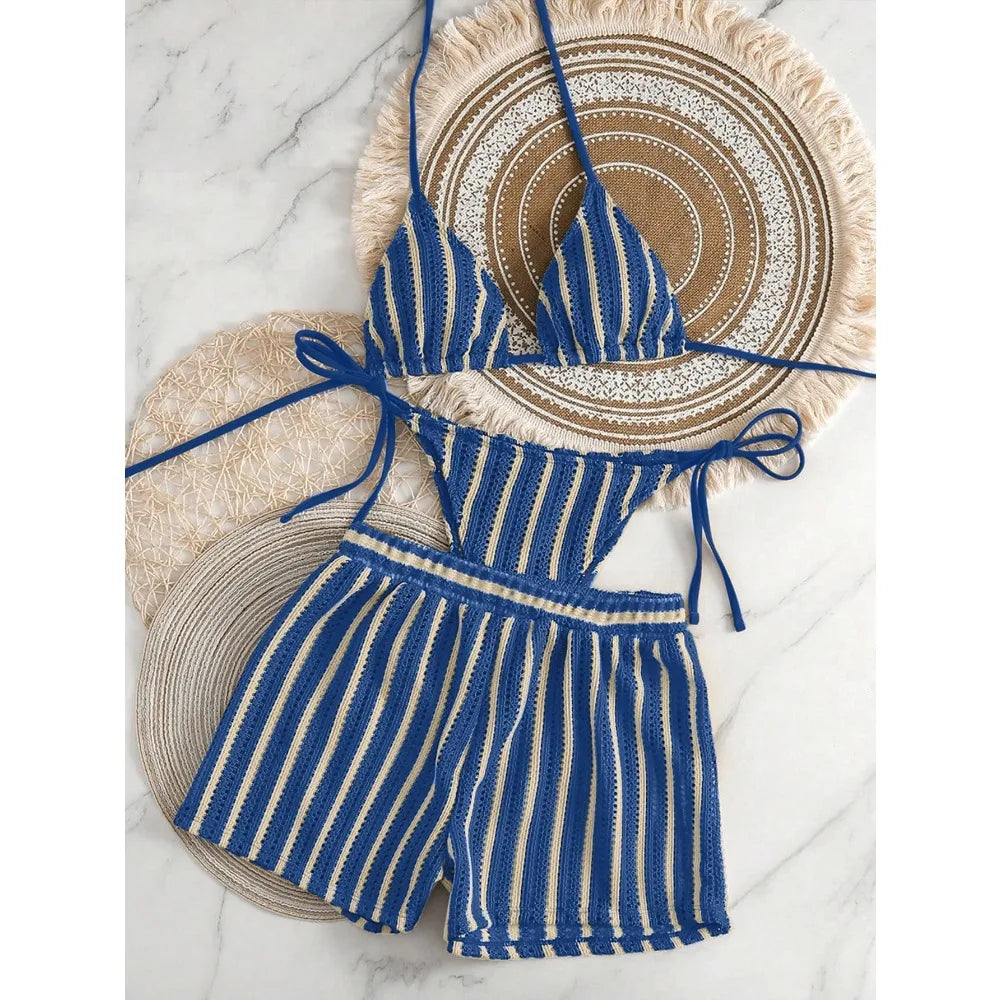 New Retro 3 Pieces Knitted Mesh String Bikini Set Swimsuit Women Blue Striped Swimwear with Shorts Beach Wear Boho Bathing Suit