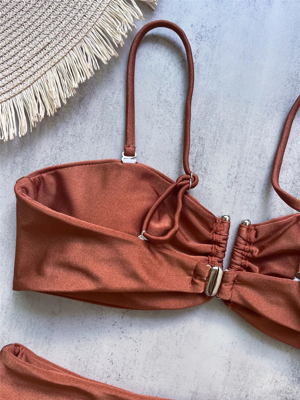 Brown Shiny U Shaped Bikini High Waist Sexy Swimsuit Women 2026 Wrinkled Solid Swimwears Bathing Suit Bandeau Bikinis Sets Mujer