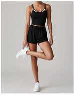 Women's New Summer Yoga Sets Color Blocked Double Strap Workout Tank Top Fitness Suit Drawstring High Waist Short Sport Set