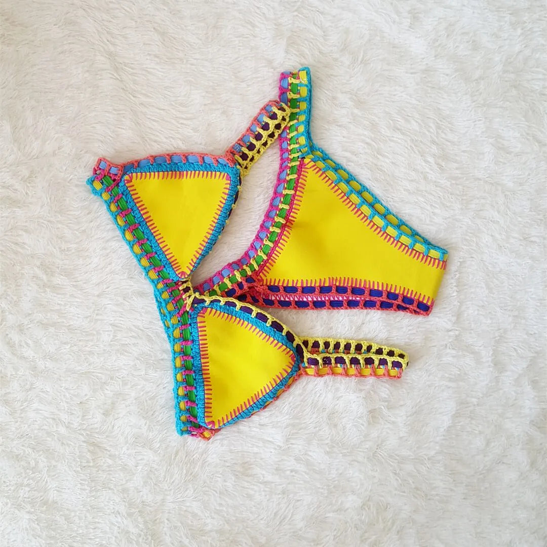 Bikini Crochet 2026 Handmade Knit Patchwork Reversible 2 Piece Swimsuit Women Halter Top Brazilian Bathing Suit Thong Swimwear