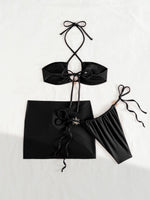 DEKA Women 3 Pieces Cross Halter Bandage Bikinis Set Skirt Swimwear High Waist Drawstring Swimsuit Summer Biquini