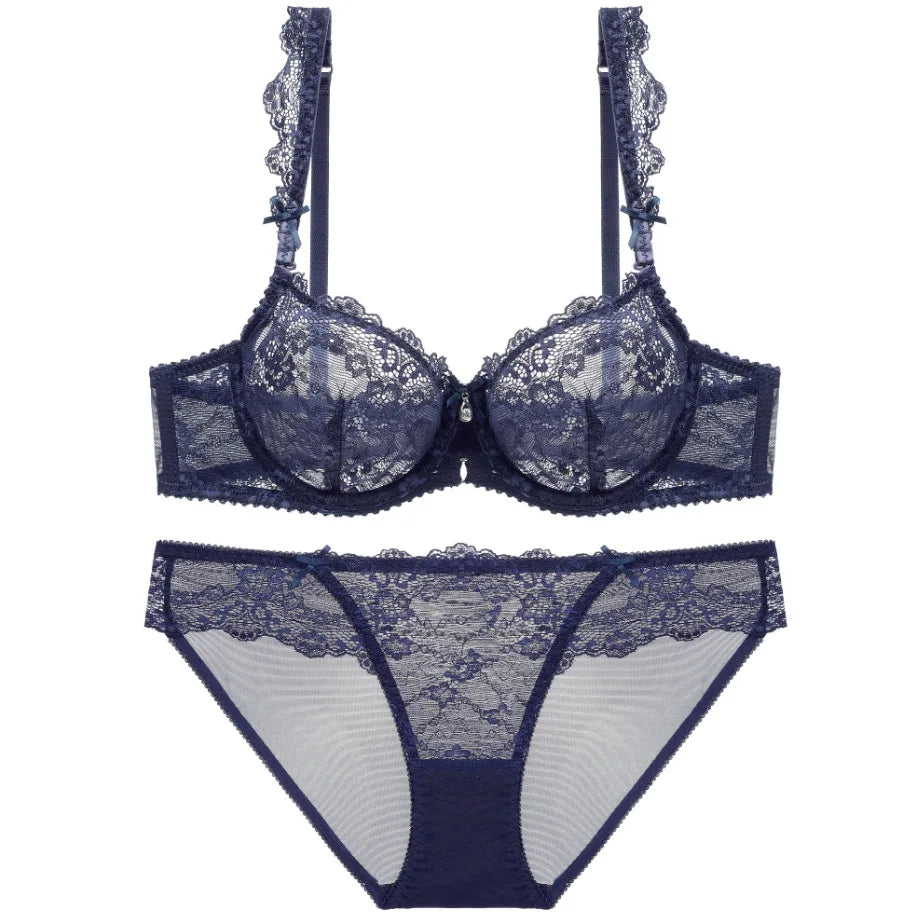Sexy Hollow Push Up Bra Set French Ultra Thin Lace Embroidery Women Underwear Burgundy Breathable Temptation Plus Size Lingerie