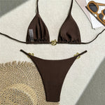 Dark Brown String Halter Micro Thong Bikinis Sets Sexy Swimsuit Women 2026 Metal Ring Holiday Swimwear Beach Wear Bikini Mujer