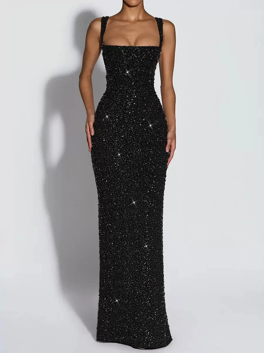 Women's Sequin Maxi Dress Burgundy Square Neck Sleeveless Bodycon Evening Gown Formal Party Prom Cocktail Mermaid Long Dresses