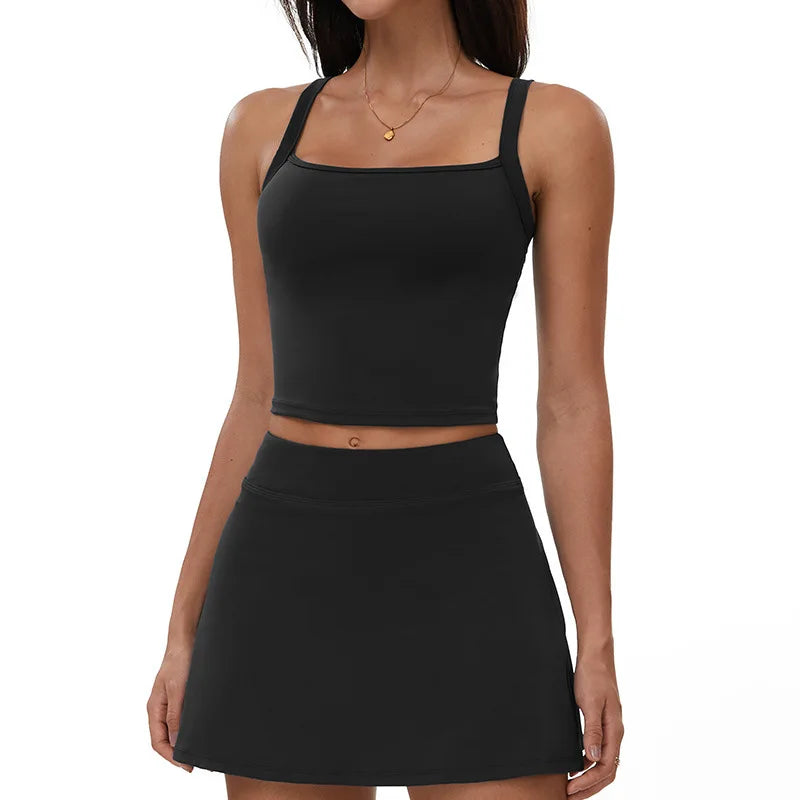 2 Piece Yoga Skirt Set Women Outdoor Neck Hanging Sports Vest High Waist Pleate A Line Skorts Fitness Suit Gym Workout Clothes