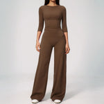Women Tracksuit Yoga Sets Half Sleeve O Neck Slim Sports T Shirts Fitness Suit Outdoor High Waist Flare Pants Workout Clothes