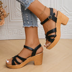 Summer High Heels Sandals Women 2025 Summer Ankle Buckle Platform Sandals Woman Pu Leather Square Heel Gladiator Sandalias Mujer