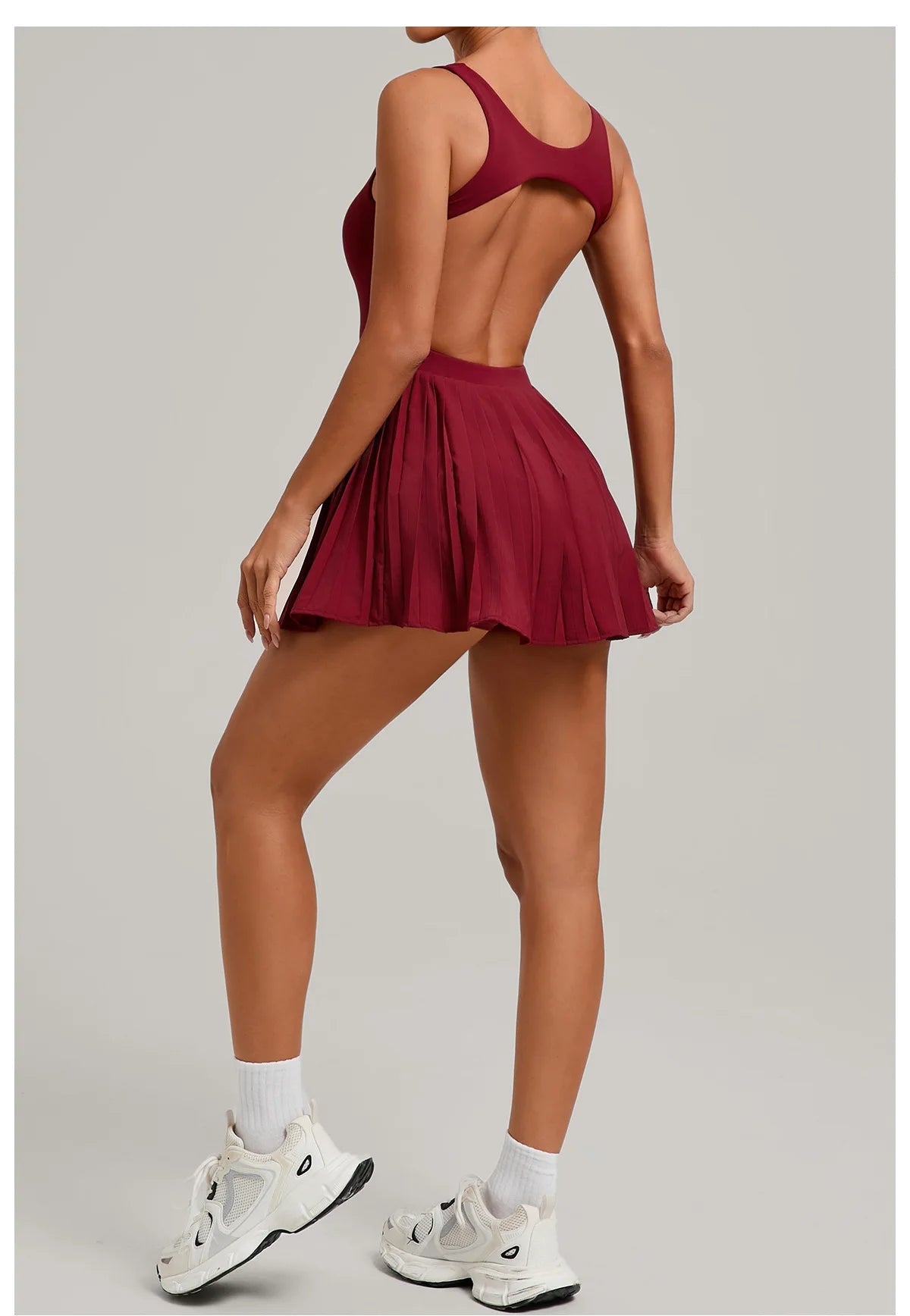New Large Backless Tennis Dresses Women Solid Color Sleeveless Glare Pleated Yoga Skirt with Pocket Shorts Running Fitness Dress