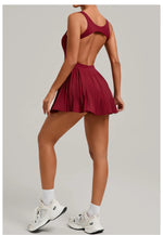 New Large Backless Tennis Dresses Women Solid Color Sleeveless Glare Pleated Yoga Skirt with Pocket Shorts Running Fitness Dress