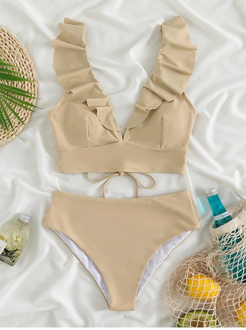 Solid Color Sexy V-neck Ruffle Bikini 2026 Women 2 Piece Swimwear Push Up Padded High Waist Swimsuit Summer Beach Bathing Suit