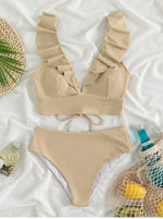 Solid Color Sexy V-neck Ruffle Bikini 2026 Women 2 Piece Swimwear Push Up Padded High Waist Swimsuit Summer Beach Bathing Suit
