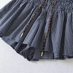 Korean Women's Casual Shorts With Elastic Waist And Drawstring Pleated Plaid A-line Wide-leg Hot Pants For Trendy Girls EHL7