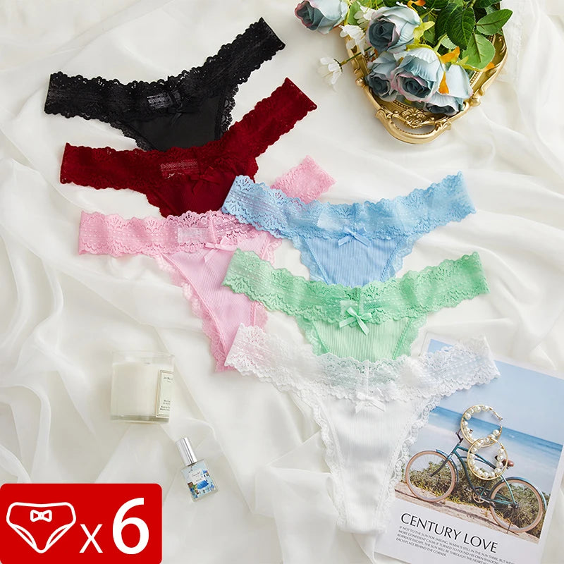 6pcs/Set Perspective Floral Panties Women Lace Thongs Low Waist Comfortable Solid Ladies G-string Bow Female Sexy Underwear