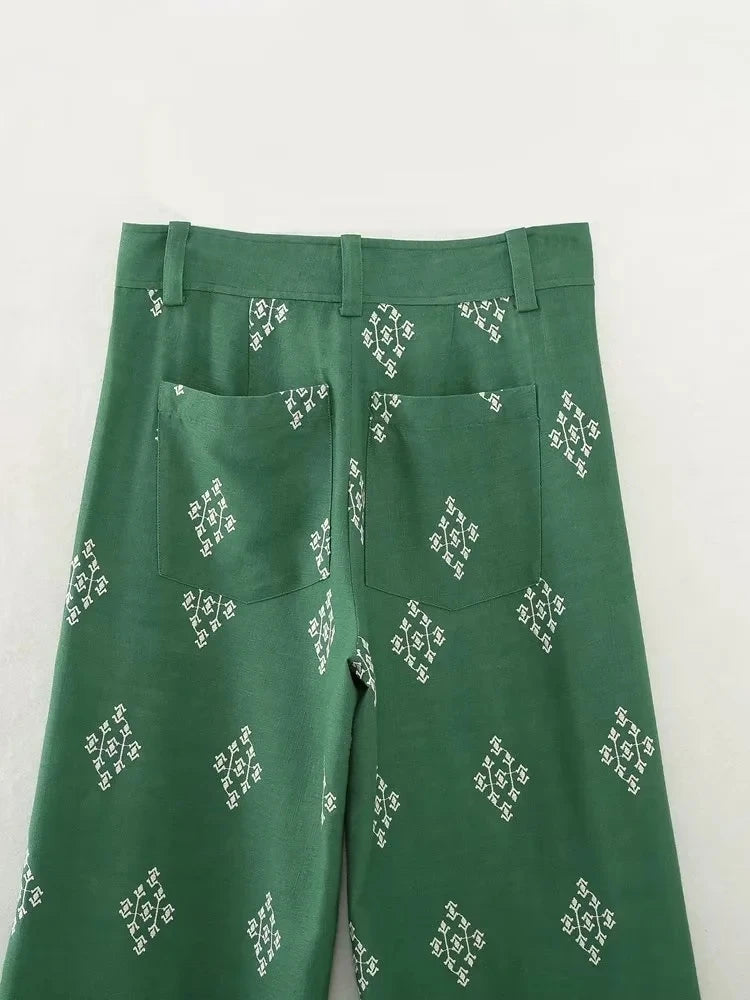 Foridol Geometric Embroidery Wide Leg Spring Summer Women Beige Long Pants Zip Fashion Trousers Pantalones De Mujer Autumn Pants