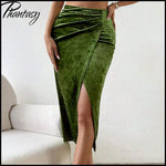 Elegant Split Velvet Skirt Commute Green A-line Mid-Calf Skirt for Lady Women's Autumn Winter Outfit Night Out Streetwear