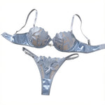 Light Blue Leaf Embroidery Lingerie Set Women Sheer Mesh Push Up Bra And Thong 2 Piece Sexy Transparent Lace Underwear ZA824031