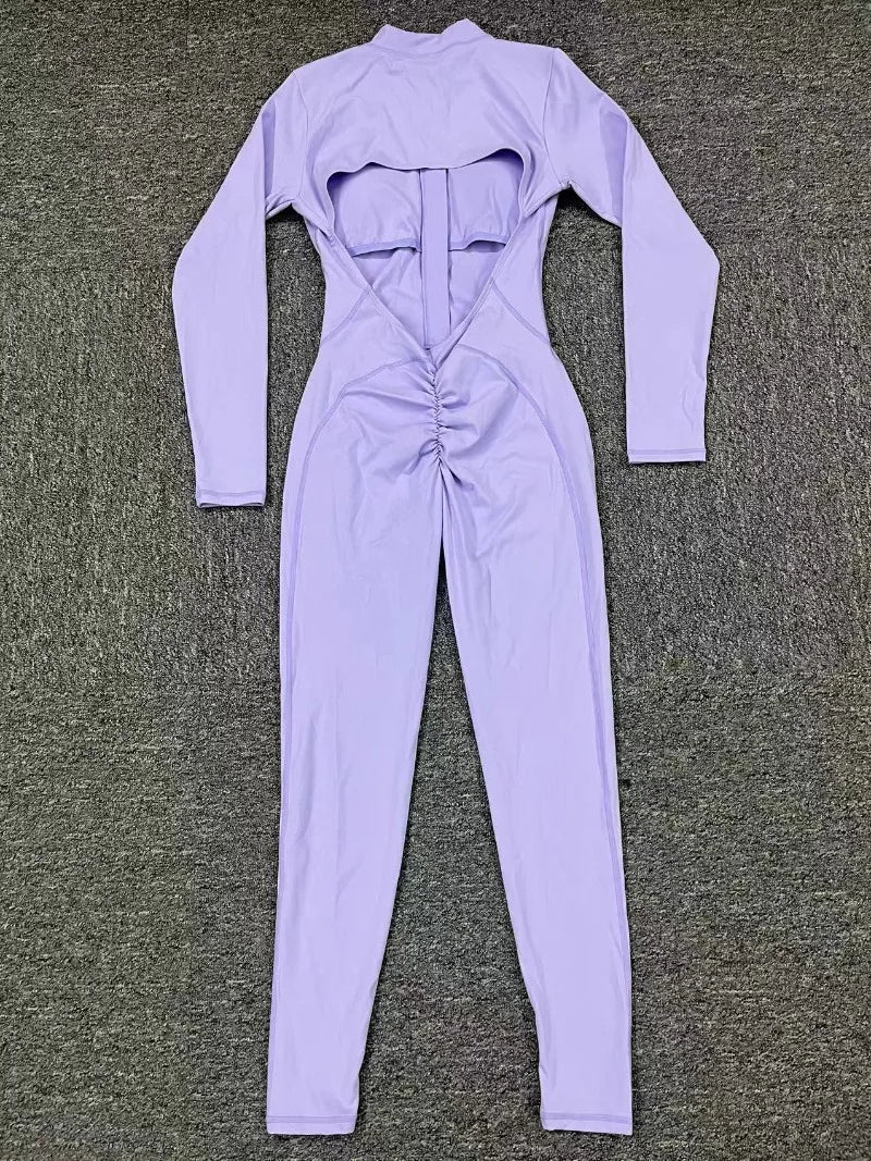 Women's Seamless Yoga Bodysuit Long Sleeve Zipper & Back Cutout Naked Feeling Quick-Dry Running Fitness Workout Jumpsuit