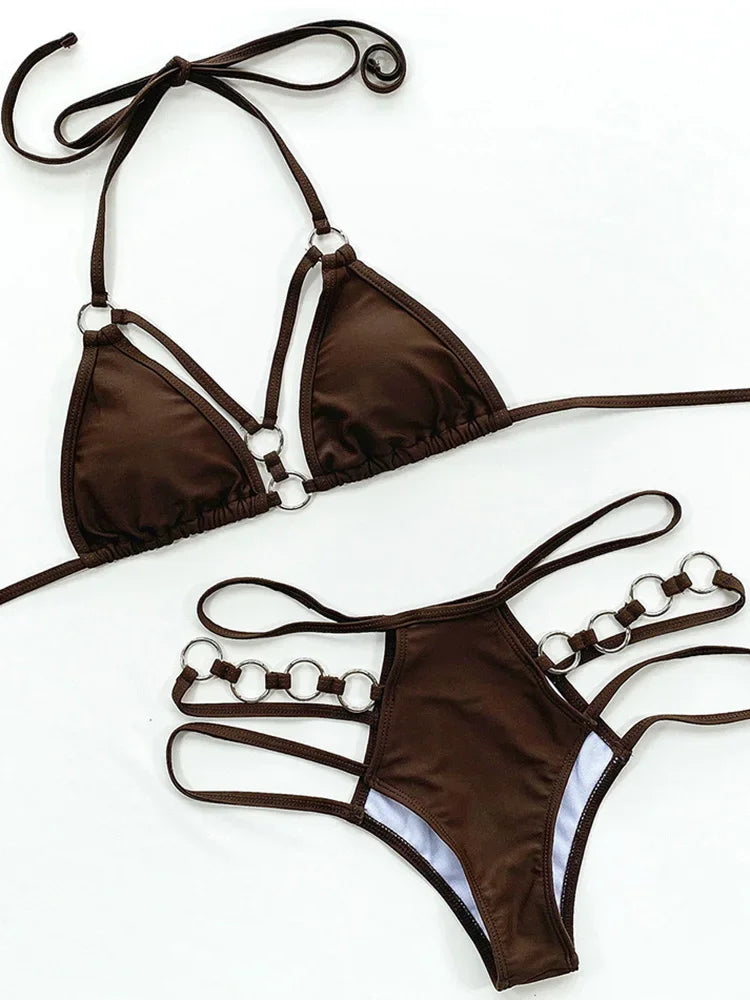 2025 Sexy Halter Strappy Metal Rings Bikini Women Swimwear Female Swimsuit Two-pieces Bikini set High Cut Bathing Suit Swim Lady