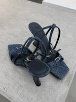New Sexy Black Thin Buckle Straps Wedges Sandals Women Elegant Denim Blue Unique Curved Wedge High Heel Summer Party Heels Shoes