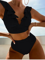 Solid Color Sexy V-neck Ruffle Bikini 2026 Women 2 Piece Swimwear Push Up Padded High Waist Swimsuit Summer Beach Bathing Suit