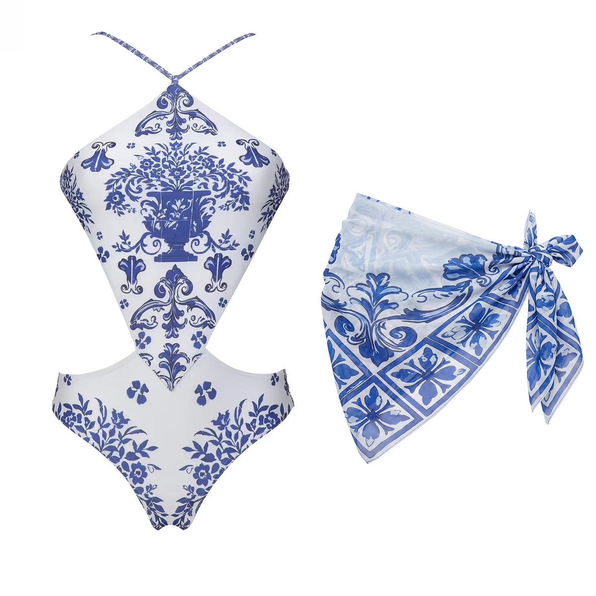 Retro 2Pcs One Piece Swimsuit Women Sexy Bikini Push Up Swimwear Female Halter Swim Suit Bandeau Biquini Beachwear Bathingsuit