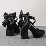 Punk Pointed Toe Thick Heels Mary Jane Shoes Women Bowknot Decor Cross Strap Platform Pumps Woman Patent Leather Party Shoes