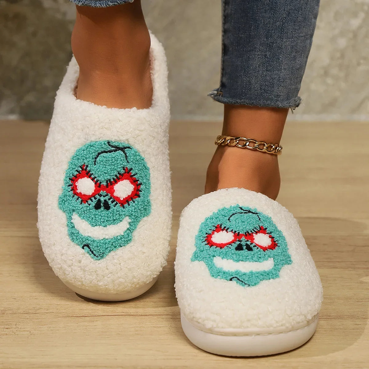 Women Cartoon Plush Slippers Winter 2024 Halloween Style Non Slip Warm Winter Home Slippers Ladies Casual Soft Sole Cotton Shoes