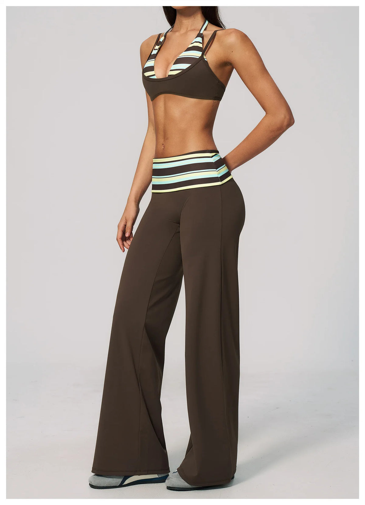 Fake Two-piece Sports Bra Yoga Sets Women Coffee Striped Patchwork Folding High Waist Wide Leg Pants Gym Running Fitness Suits