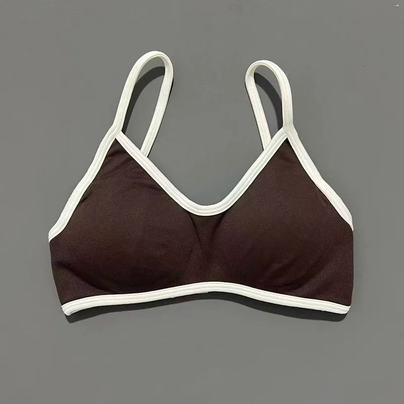 Contrastline Bra Women Backless Knitted Sports Bra Solid Color Gym Fitness Top With Chest Cushion Sexy Suspender Yoga Sports Bra