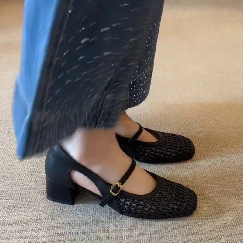 French Single Shoes Women Spring Summer Cutout Woven Square Toe Kitten Heel Block Heel Off-White Sandals